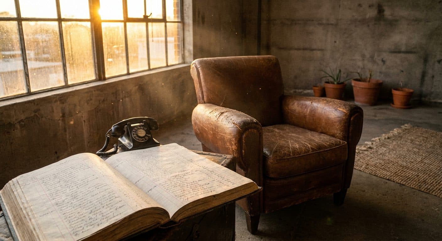 An old leather chair, a ledger and a phone in an empty garage